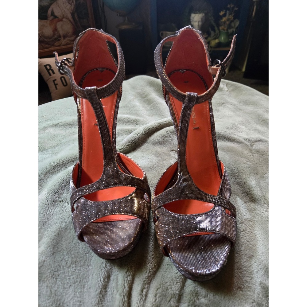 Via Spiga Womens‎ Metallic T-Strap Platform Stiletto Sandals Silver Pewter 8.5 M
